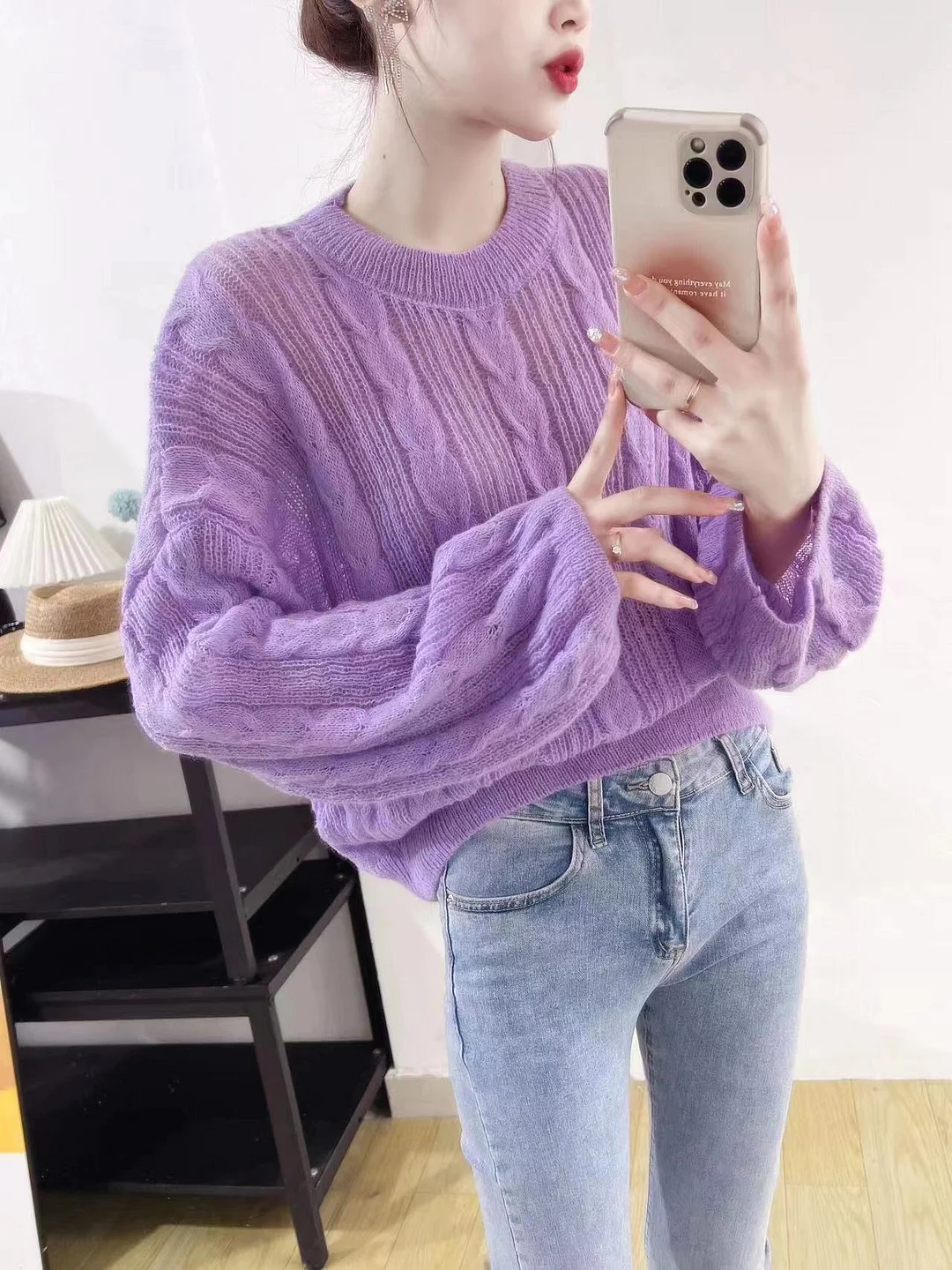 Churchf Churchf Spring And Summer New Temperament Lady Thin Hollow-Out Shirt Korean Version Of Women's Round Collar Twist Flower Bat Sleeve Sweater
