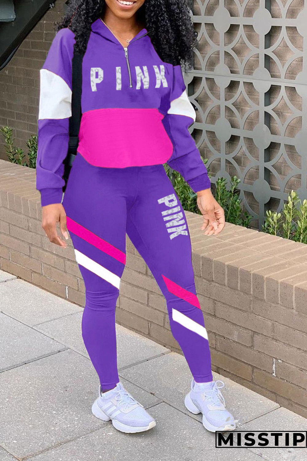 Light Pink Casual Print Patchwork Zipper Collar Long Sleeve Two Pieces