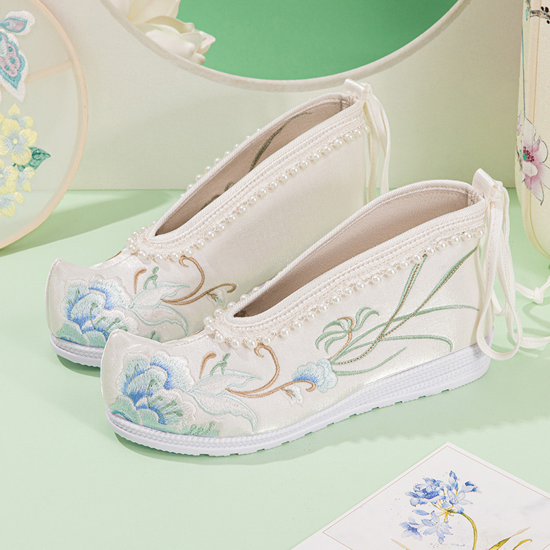 Vintage Embroidery Floral Print Pearl Trim Flats Shoes - Modakawa Modakawa