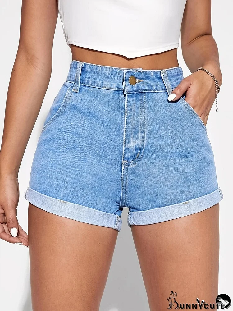 Inelastic Denim Shorts Women's Summer Solid Color Curled Denim Shorts