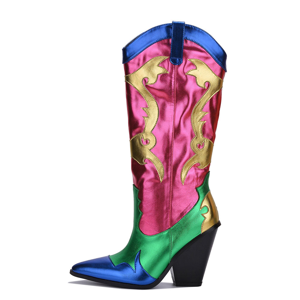 Lady's Multicolor Metallic Touch Pointed Patch-Work Cowgirl Boots   