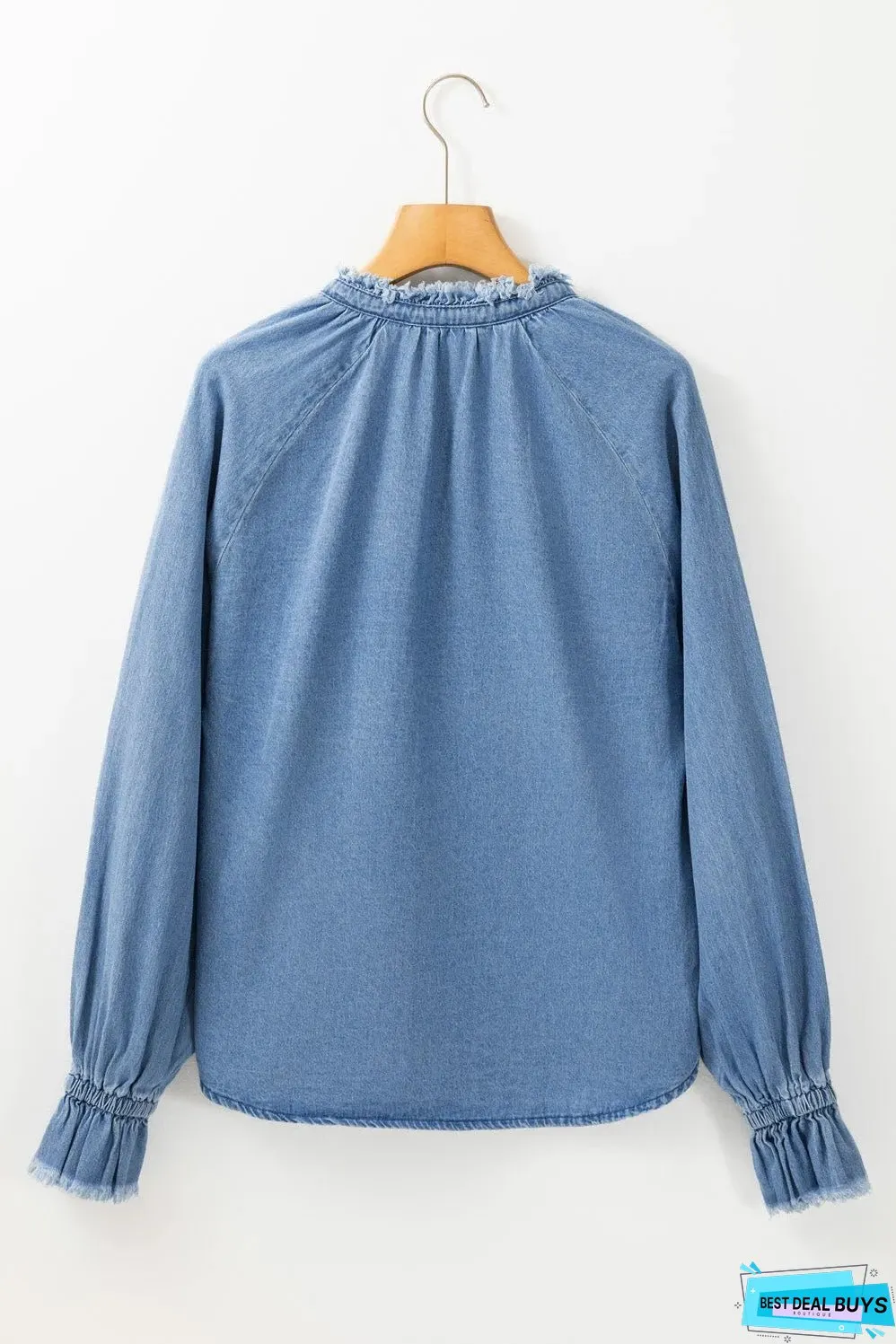 Sky Blue Frilled Raw Hem Half Buttoned Denim Top