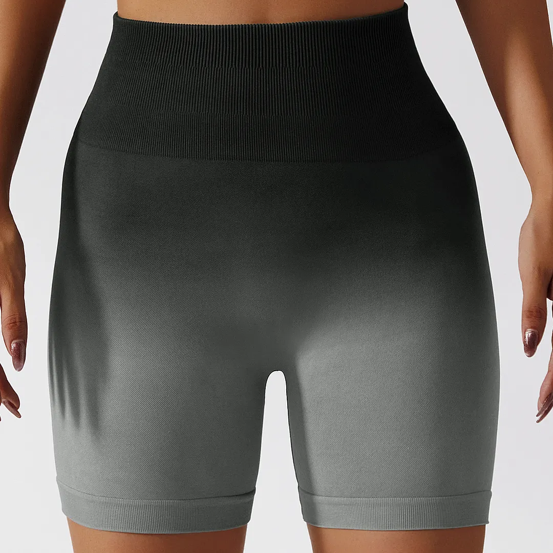 Hergymclothing Black Gray high rise ruched butt stretchable squat proof ombre seamless sports yoga gym shorts with tummy control for sale 