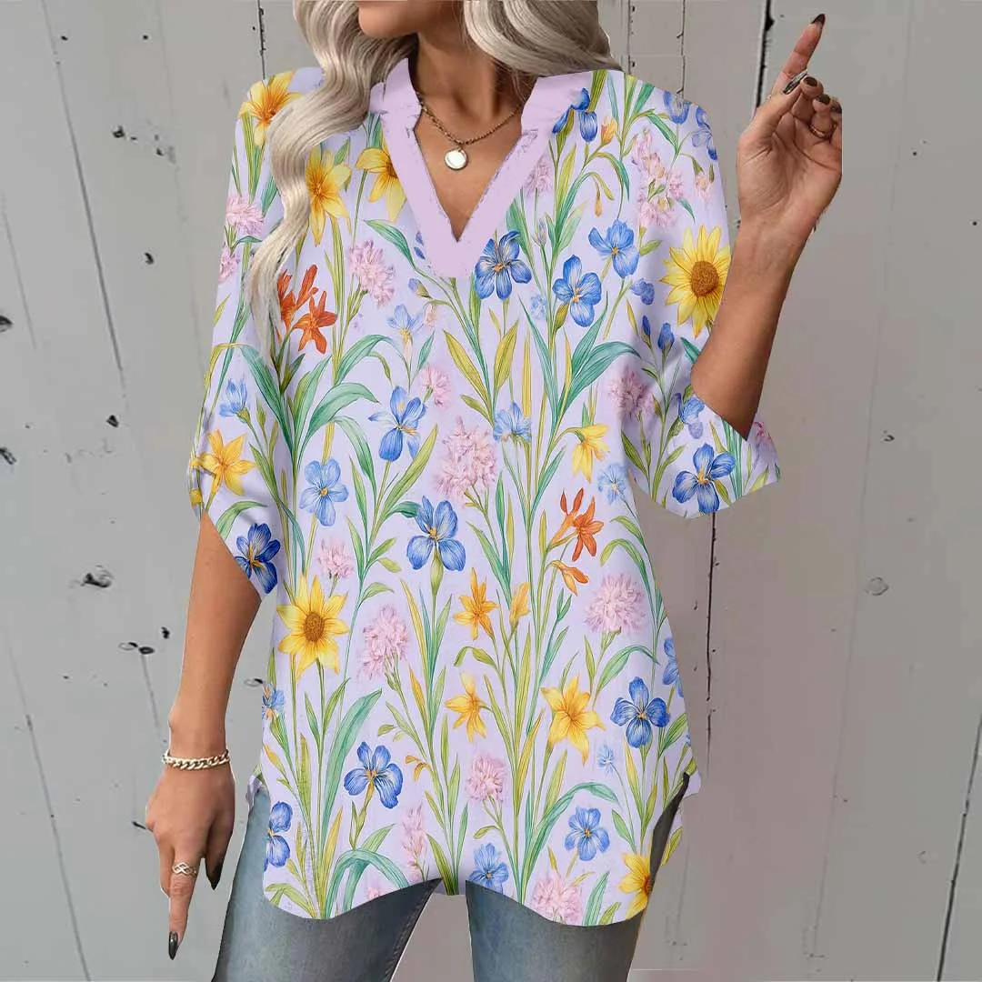 Women Floral,Purple,Yellow DZGA0261 3/4 Sleeve V-neck Printed Graphic Button Tops