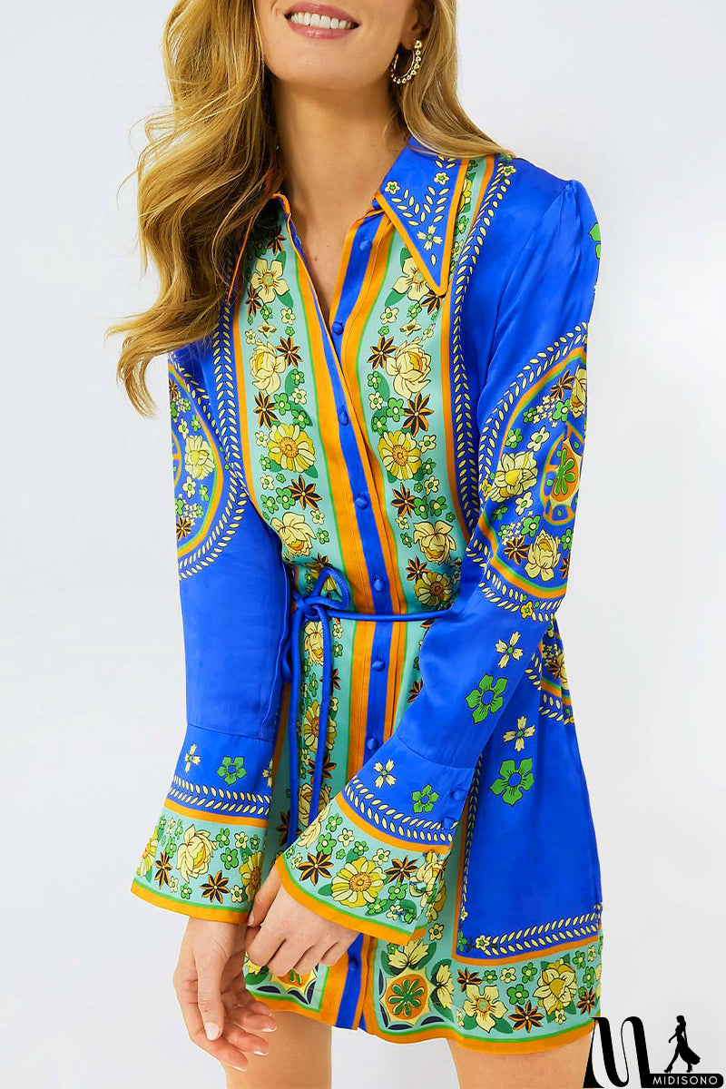 MidiSono - Casual Flowers Print Lace Up Turndown Collar Shirt Dresses
