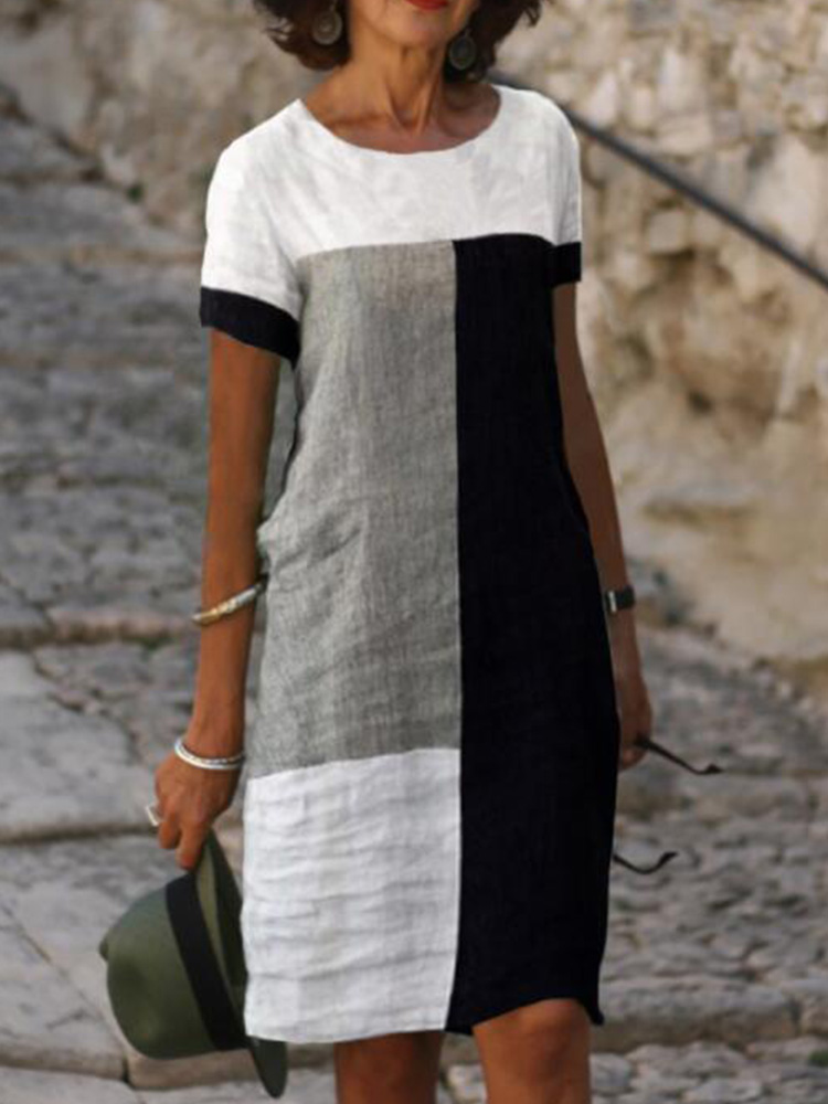 Fashion Pullover Casual Vintage Block Short Sleeve  Print Mini Dress