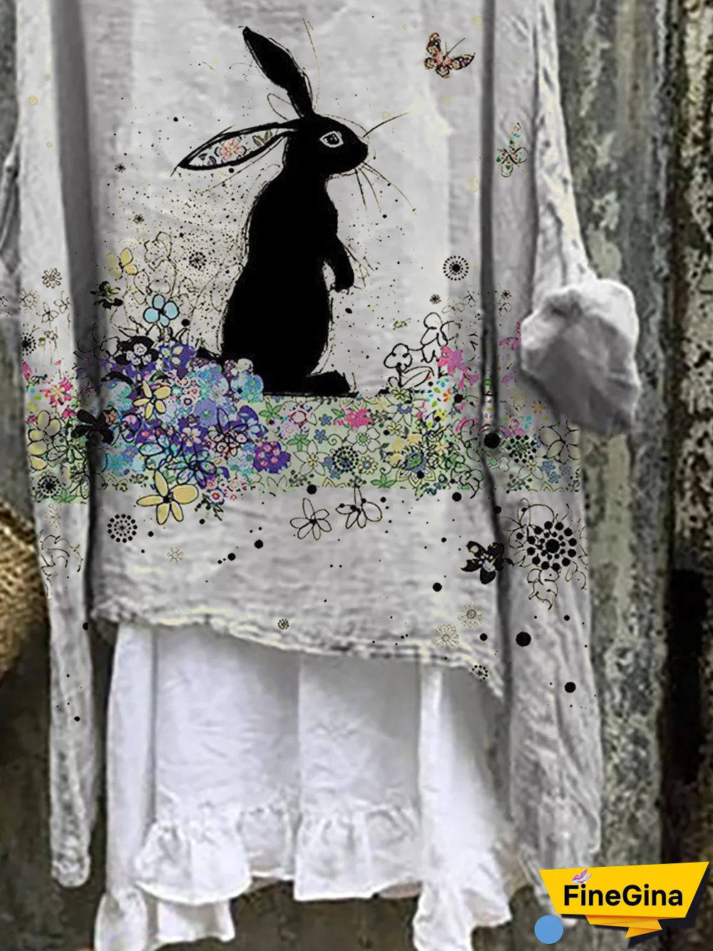 Plus size Rabbit Long Sleeve Floral Tops