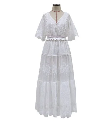 Ordifree 2022 Summer Boho Women Maxi Dress Vintage Polka Dot White Lace Long Tunic Beach Dress