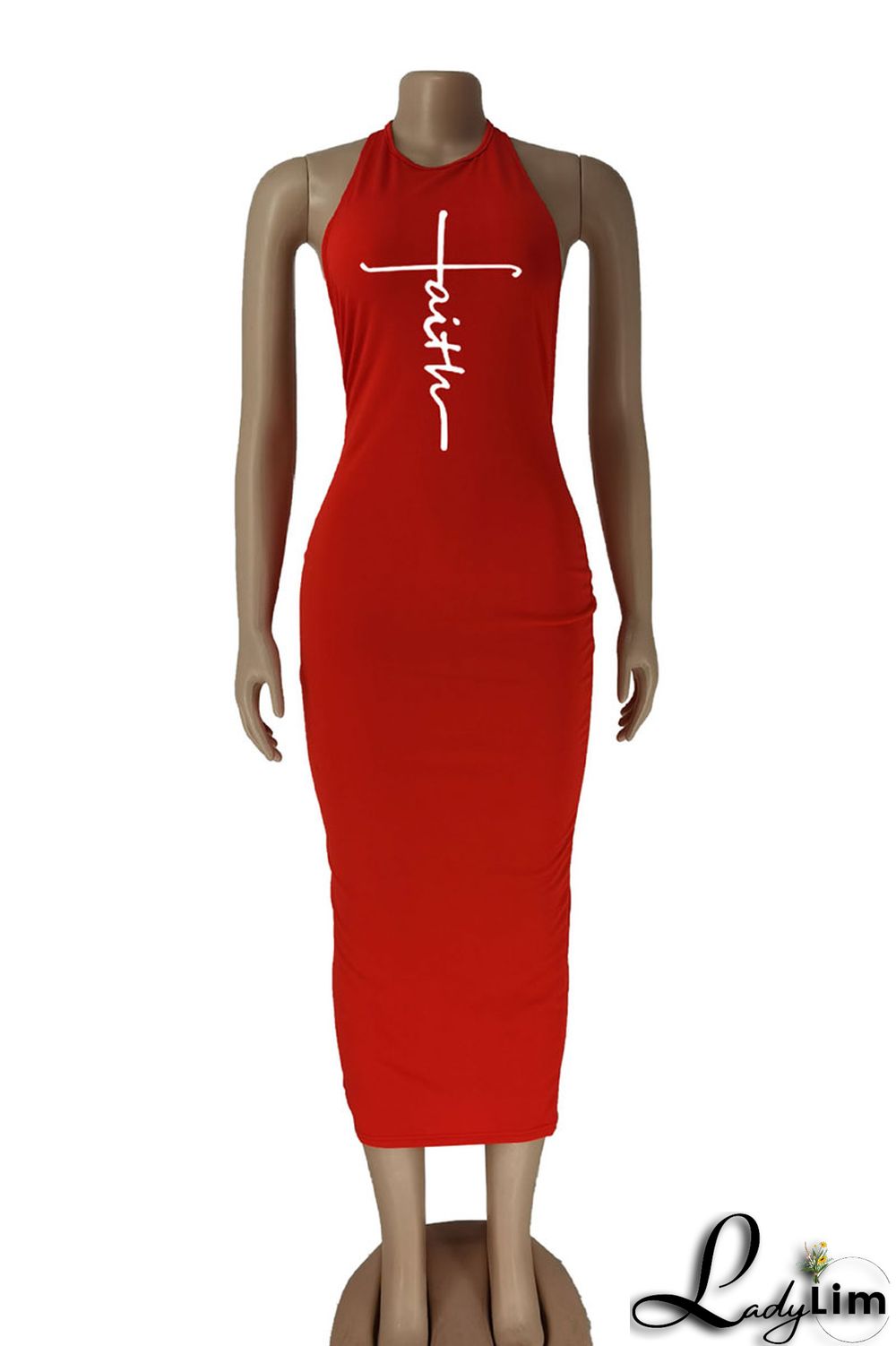 Red Sexy Print Split Joint Halter One Step Skirt Dresses