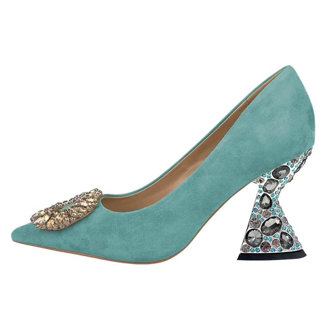 Turquoise Faux Suede Floral Rhinestone Embellished Pumps for Ladies