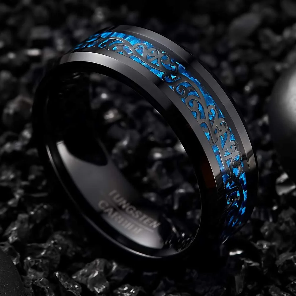 6MM 8MM Blue Carbon Fiber Tungsten Carbide Wedding Rings with Black Vine Inlay For Wedding Women Mens