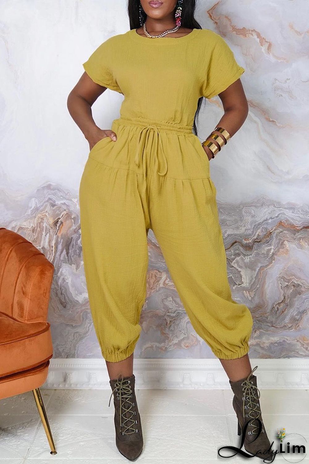 Army Green Fashion Casual Solid Color Halter Short Sleeve Top Two Pieces Set