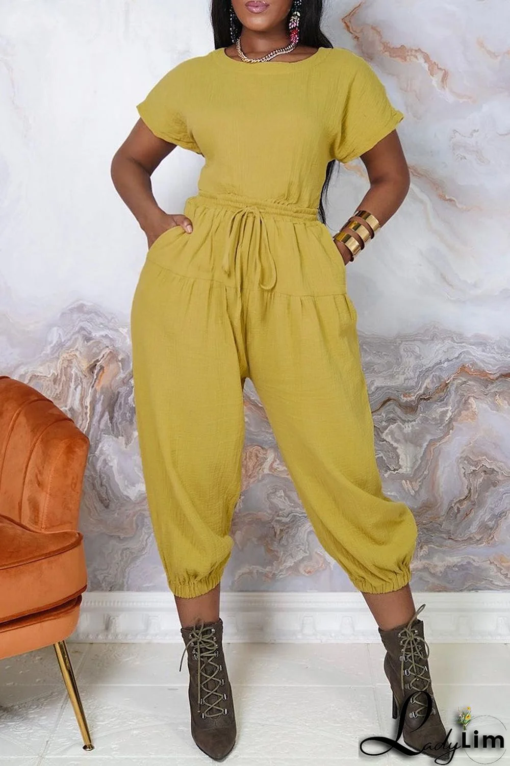 Army Green Fashion Casual Solid Color Halter Short Sleeve Top Two Pieces Set