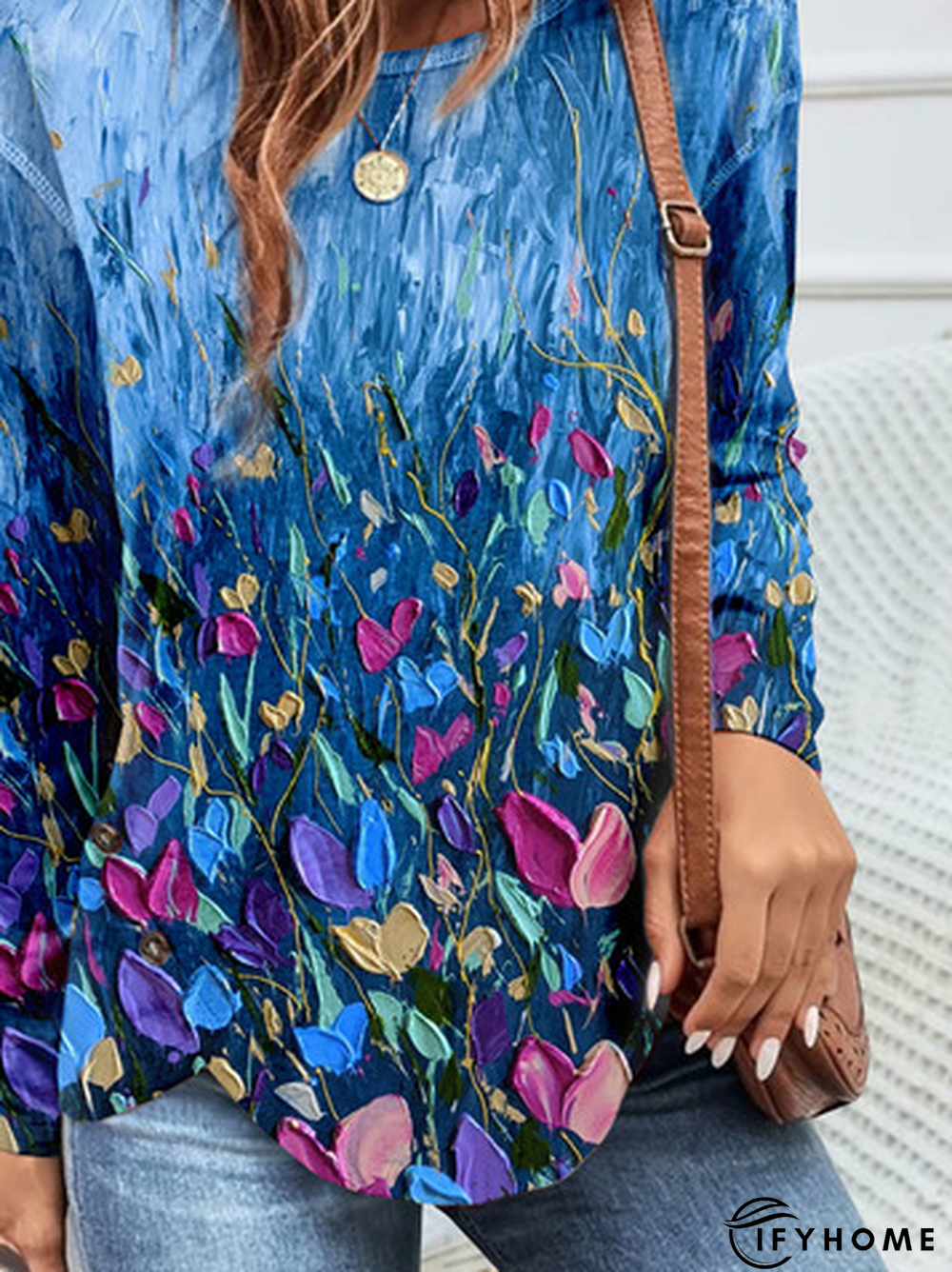 Casual Buckle Abstract Floral Printed Crew Neck Tunic T-Shirt | IFYHOME