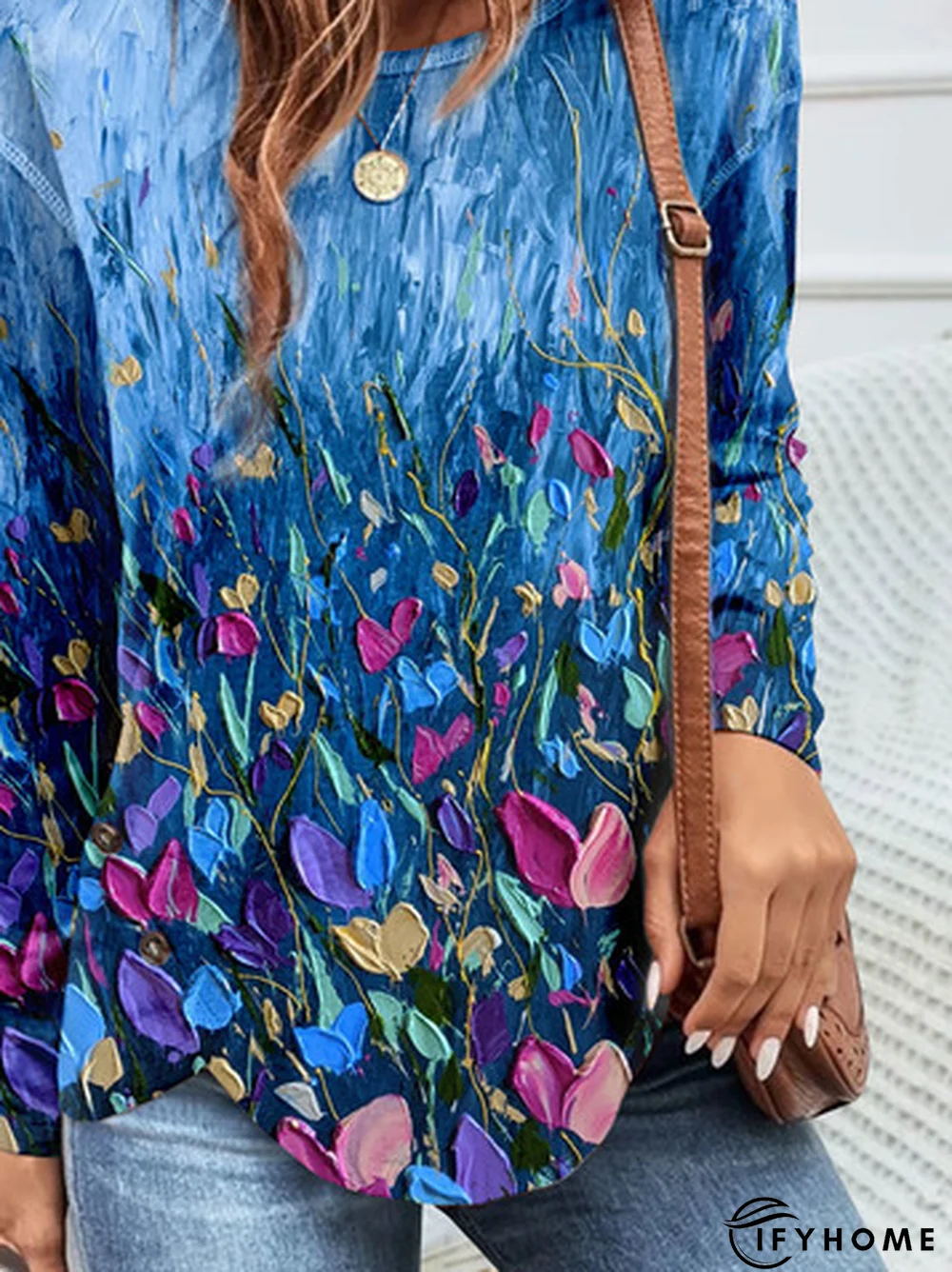 Casual Buckle Abstract Floral Printed Crew Neck Tunic T-Shirt | IFYHOME