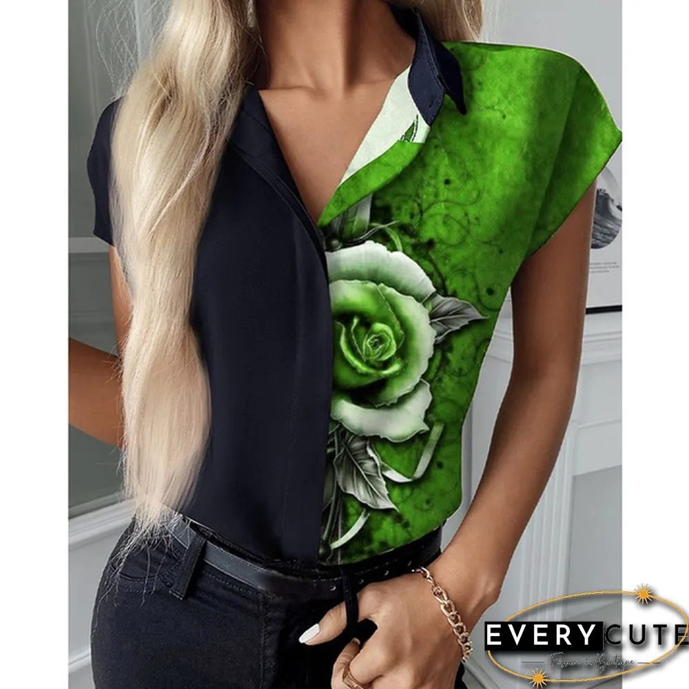 New Summer Women Fashion Floral Print Colorblock Short Sleeve Casual Plus size Tops