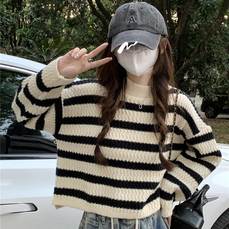 Aiertu joker costume female outfit Sweet Striped Milk Short Sweater Women's Clothing Autumn and Winter Lazy Gentle Wind Wear Top Small aiertu
