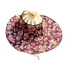 2 in 1 Bamboo Foldable Hand Fan Sun Hat Floral Printed Chinese Style Handheld Foldable Wide Brim Hat for Women Outdoor Beach Travel Accessory