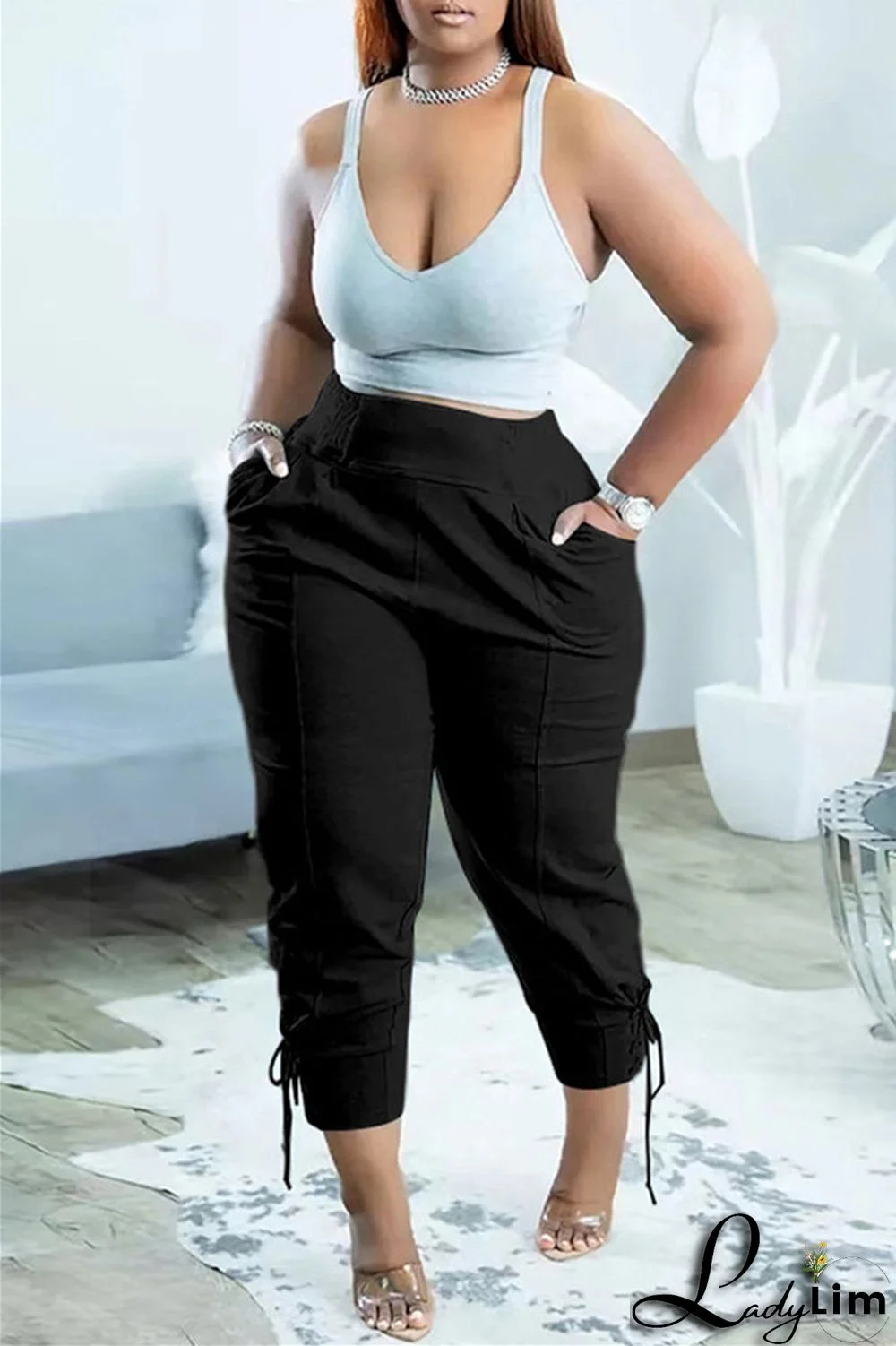 Black Fashion Casual Solid Basic Regular High Waist Trousers