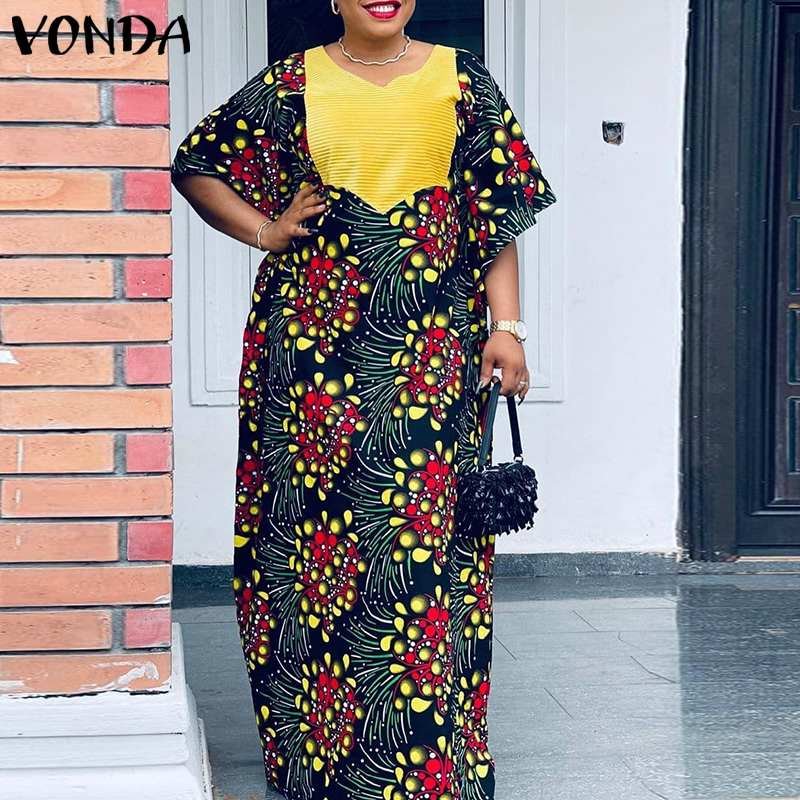 Women Bohemian Dress VONDA 2022 Summer Casual Half Sleeve Vintage Printed Maxi Dress Loose Vintage Beach Holiday Party Sundress
