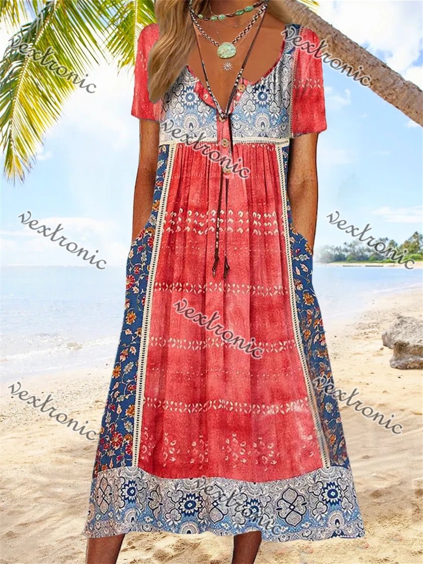 Women's Short Sleeve V-neck Graphic Floral Printed Buttons Midi Dress