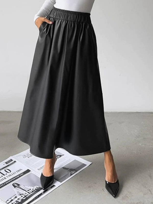 Fur-lined Artificial Leather A-Line High Waist Skirt