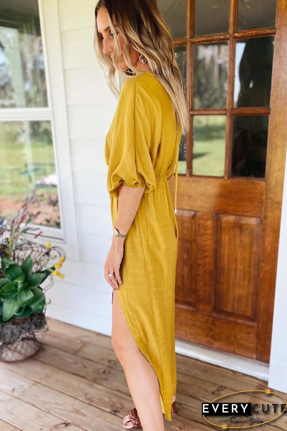 Yellow Surplice V Neck Half Sleeves Slit Leg Jumpsuit