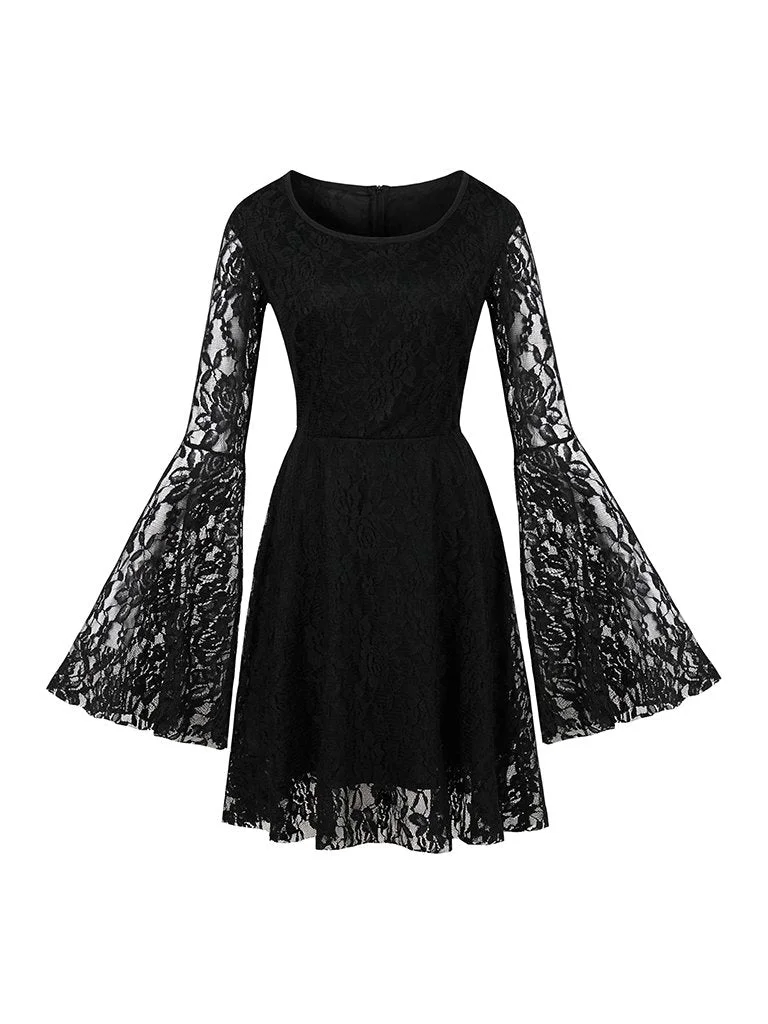1940s Dress V-neck Long Sleeve Lace Embroidered Dress