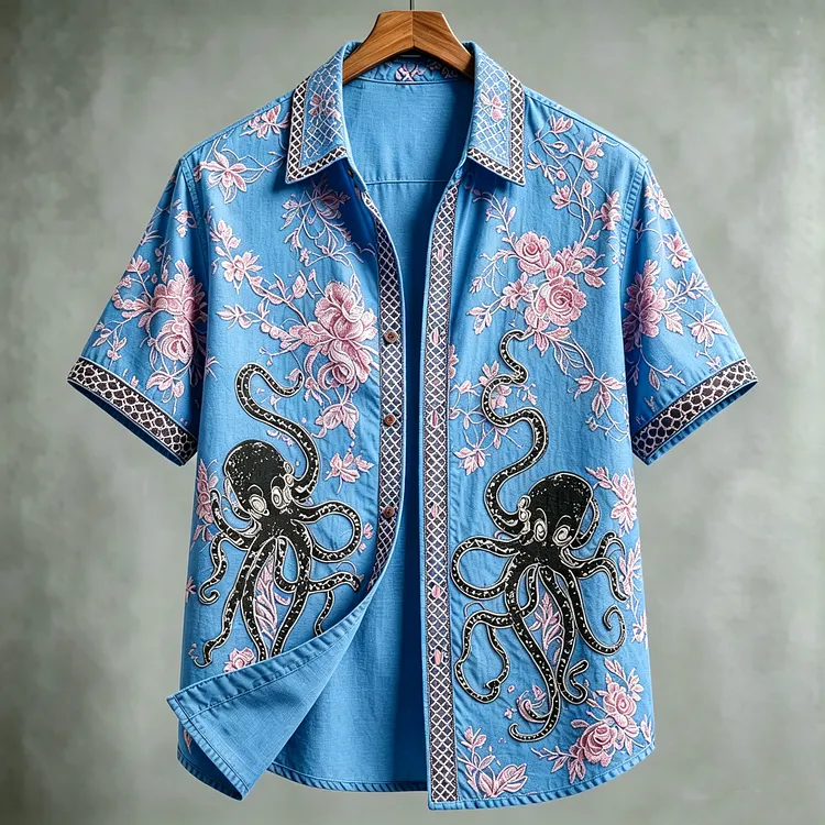 Men's Retro Japanese Octopus And Cherry Blossom Art Pattern Casual Shirt