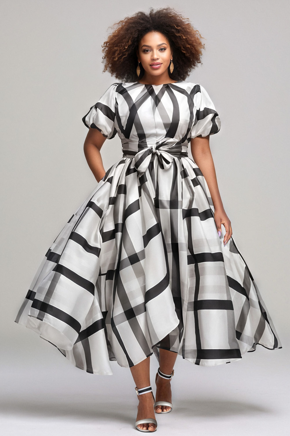 Xpluswear Design Plus Size Business Casual White All Over Print Round Neck Puff Sleeve Short Sleeve Pocket Elegant Asymmetric Hem Organza Midi Dresses [Pre-Order]
