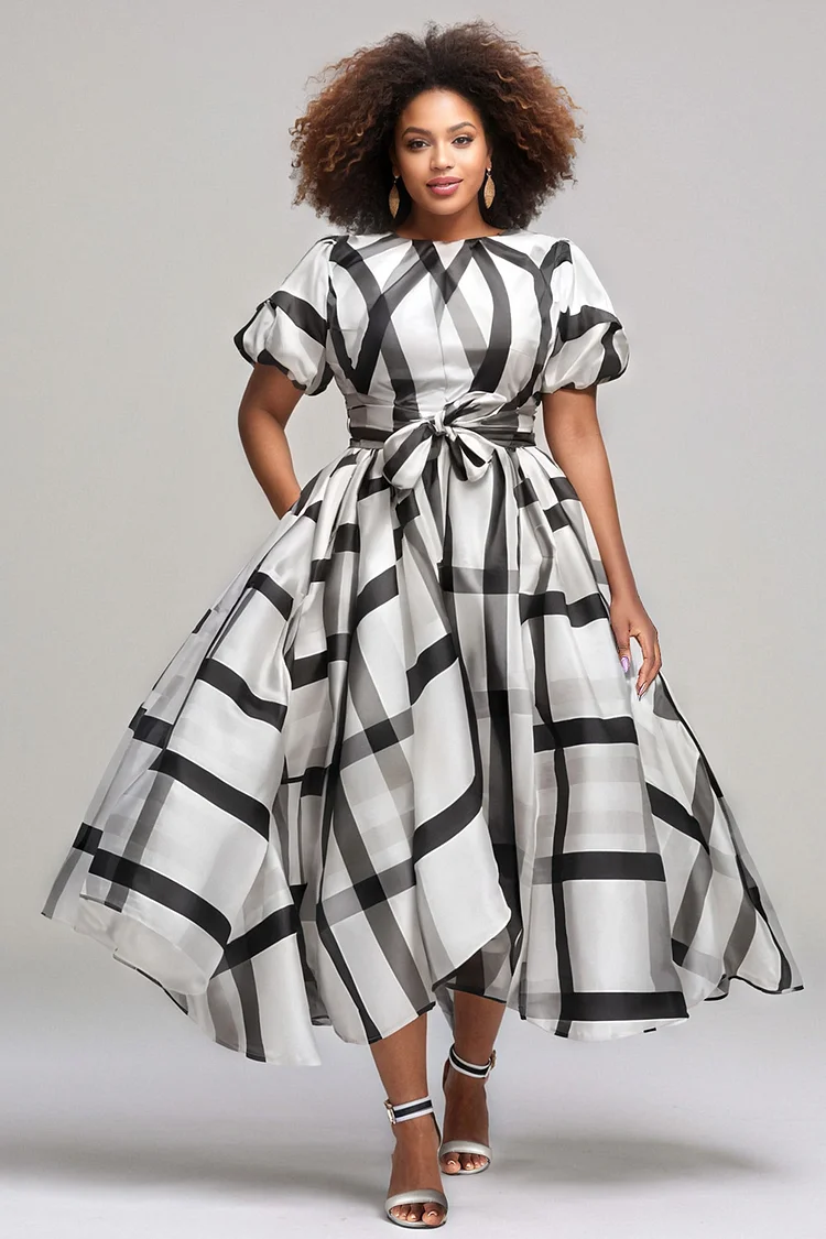 Xpluswear Design Plus Size Business Casual White All Over Print Round Neck Puff Sleeve Short Sleeve Pocket Elegant Asymmetric Hem Organza Midi Dresses [Pre-Order]