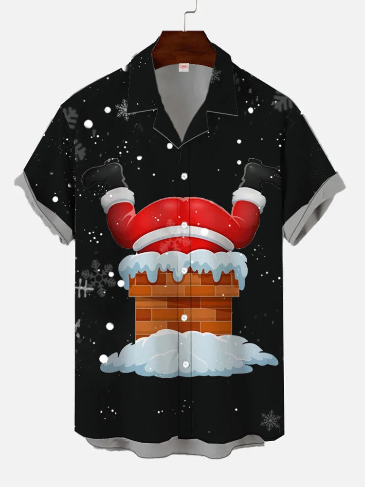 Black Cartoon Funny Santa Claus In Ihimney And Snowflakes Printing Cuban Collar Men's Short Sleeve Shirt