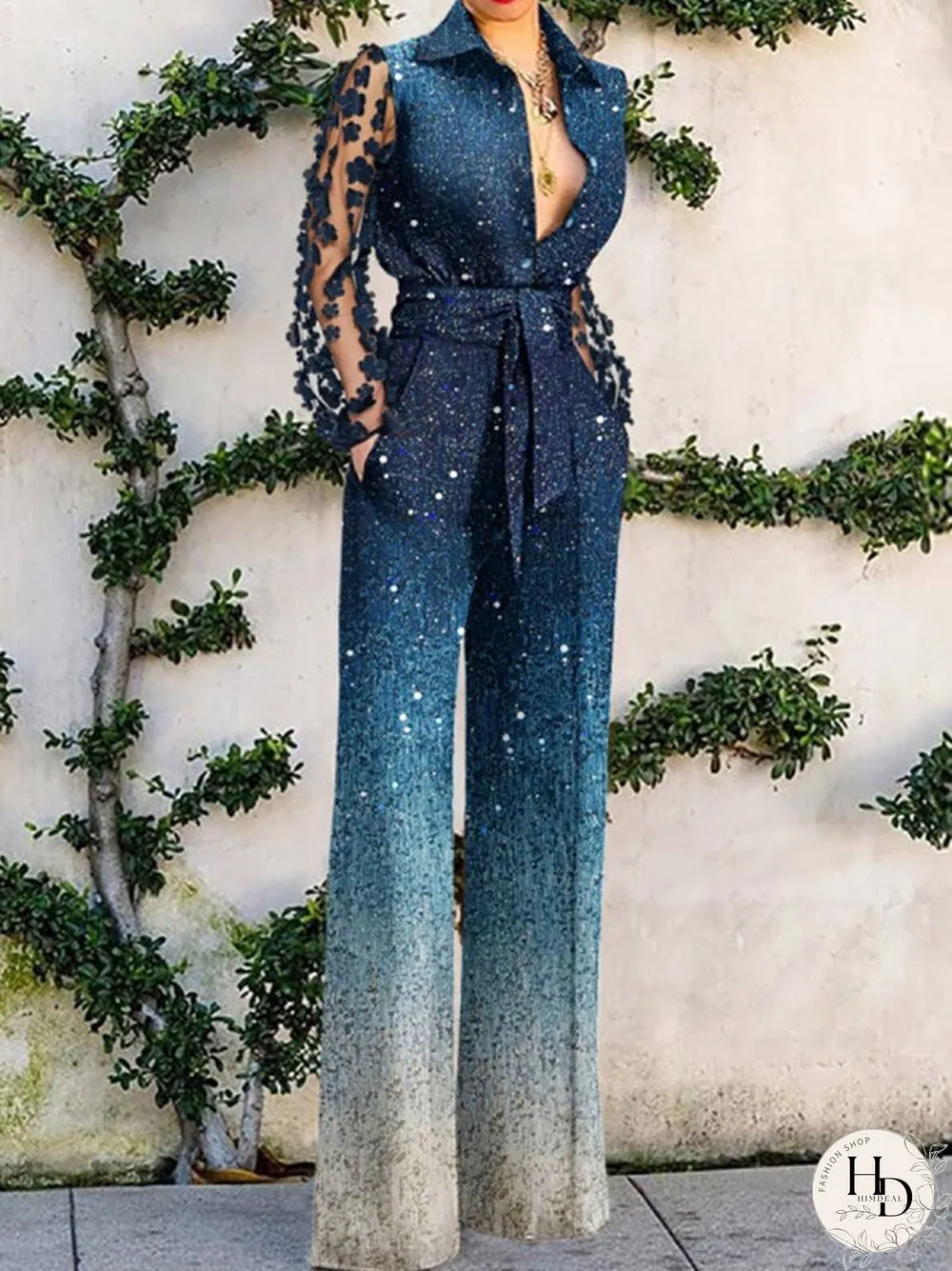 Summer Sexy Hollow Tie-Up Loose Playsuit Women Fashion Wide Leg Party Jumpsuit Elegant