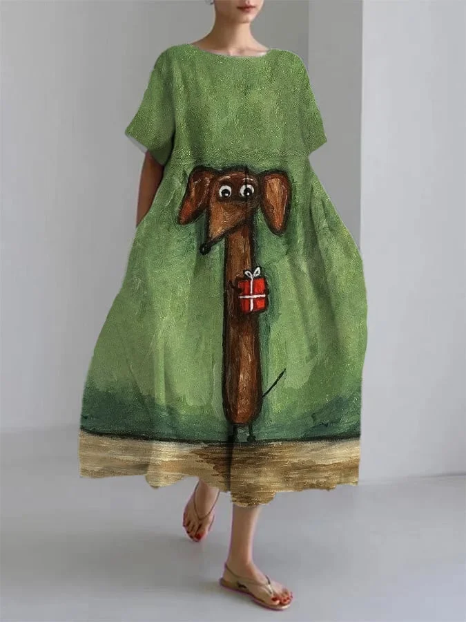 Women's Cute Dachshund Short Sleeve Linen Blend Midi Dress