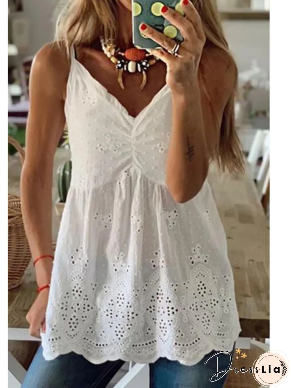White V Neck Cotton-Blend Casual T-shirt