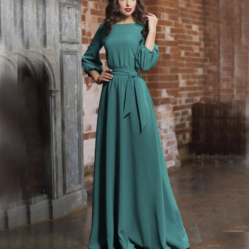Billlnai 2023 Graduation party  Casual Lantern Sleeve O-Neck Sashes High Waist Floor-Length Dress Woman Solid Elegant Party A-Line Dress 2023 New