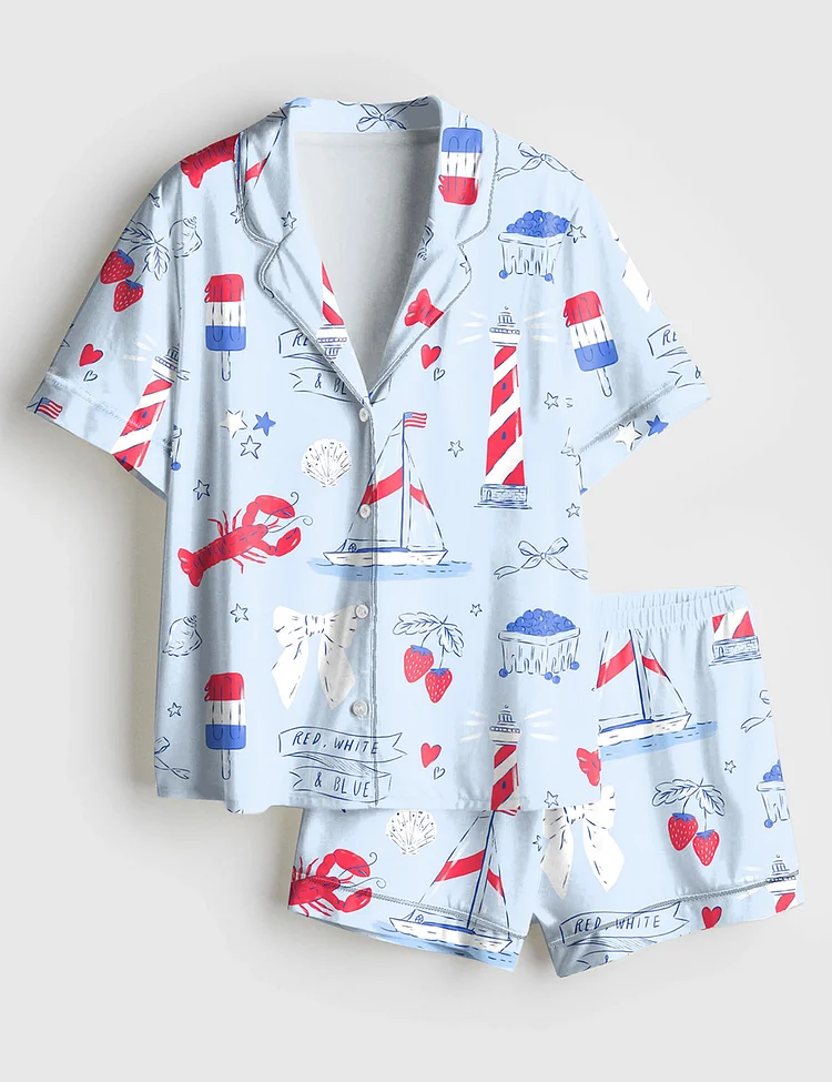 Women&rsquo;s Summer Americana East Coast Red White And Blue Patriotic 4th Of July Short Sleeve Satin Pajama Set