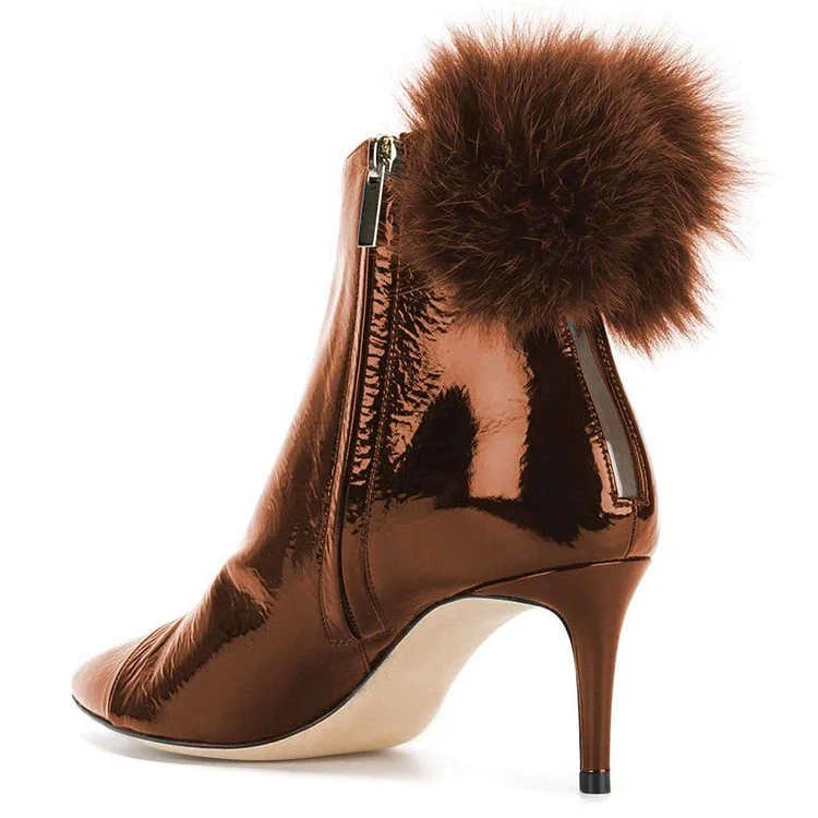 Brown Pom Pom Stiletto Ankle Boots Vdcoo