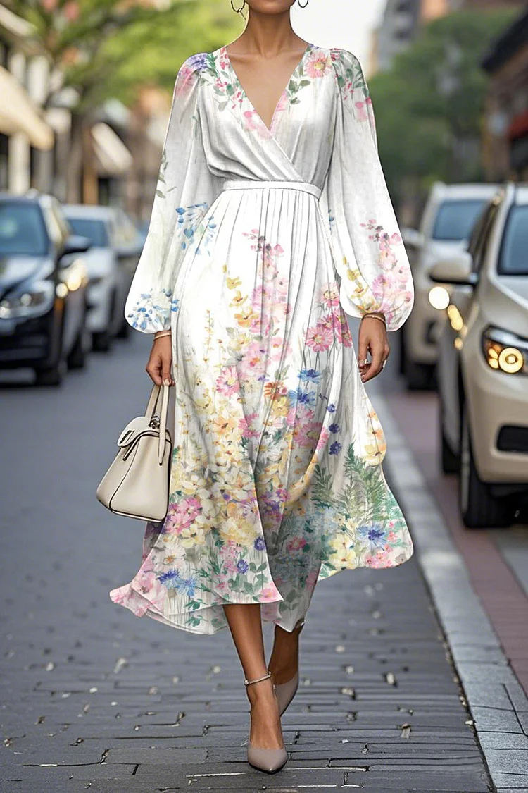 Elegant Floral Print Lantern Sleeves V-neck A-line Midi Chiffon Dress