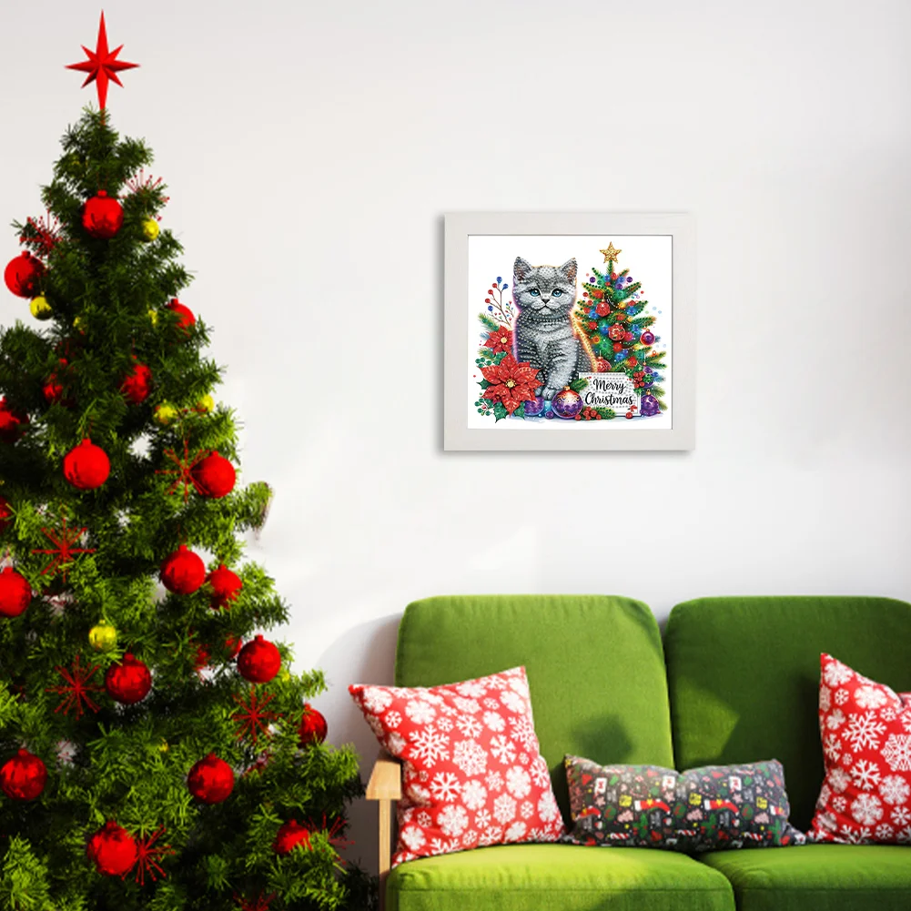 5D DIY Partial Special Shaped Drill Diamond Painting Christmas Cat 22.8x22.8cm【With Frame】