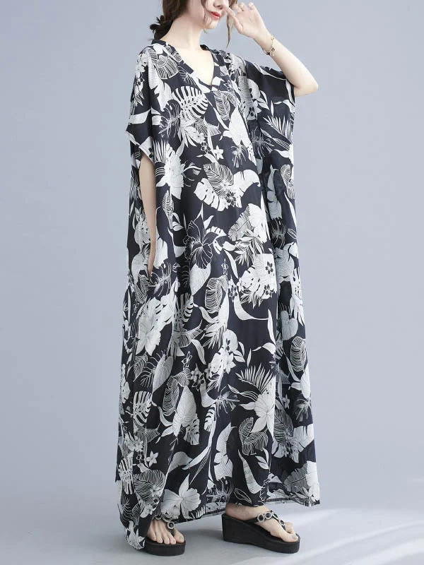 Loose Floral Printed V-Neck Half Sleeves Maxi Dress