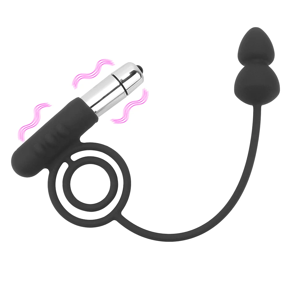 Anal Plug With Penis Rings Pull Beads Cock Rings Butt Plug Prostate Massager - Rose Toy