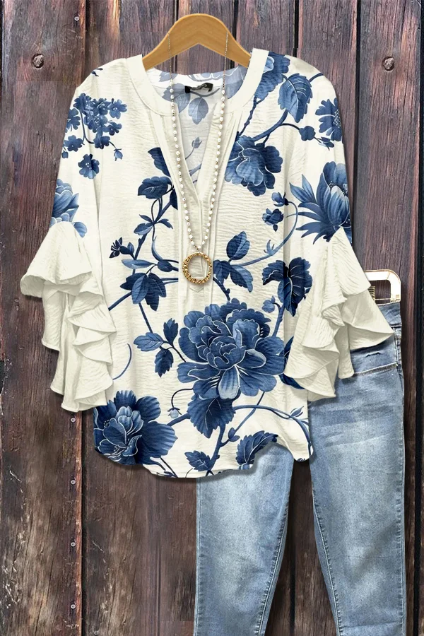 Retro Floral Print V-Neck Top