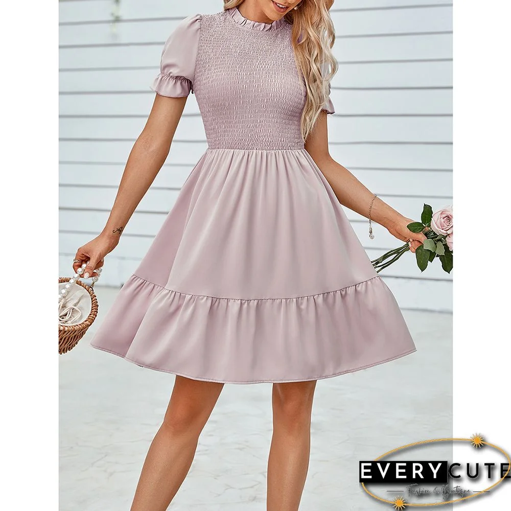 Light Pink Stand Neck Pleated Short Sleeve Dress