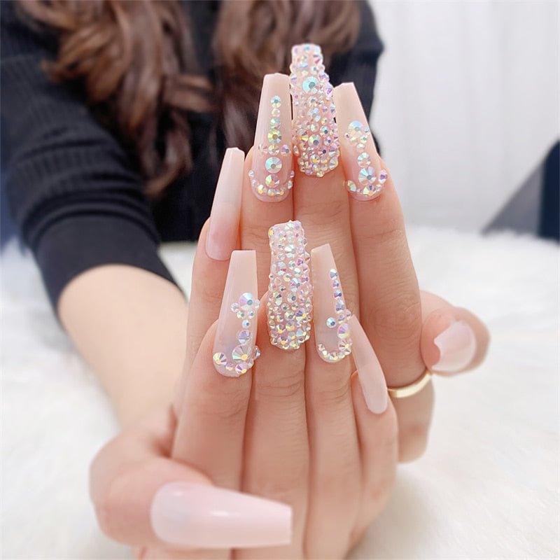 24PCS Reusable Durable Luxury Long Curve Nude Pink Bling Diamond Press On Fake Nails With Designs Crystal Rhinestones JP1125