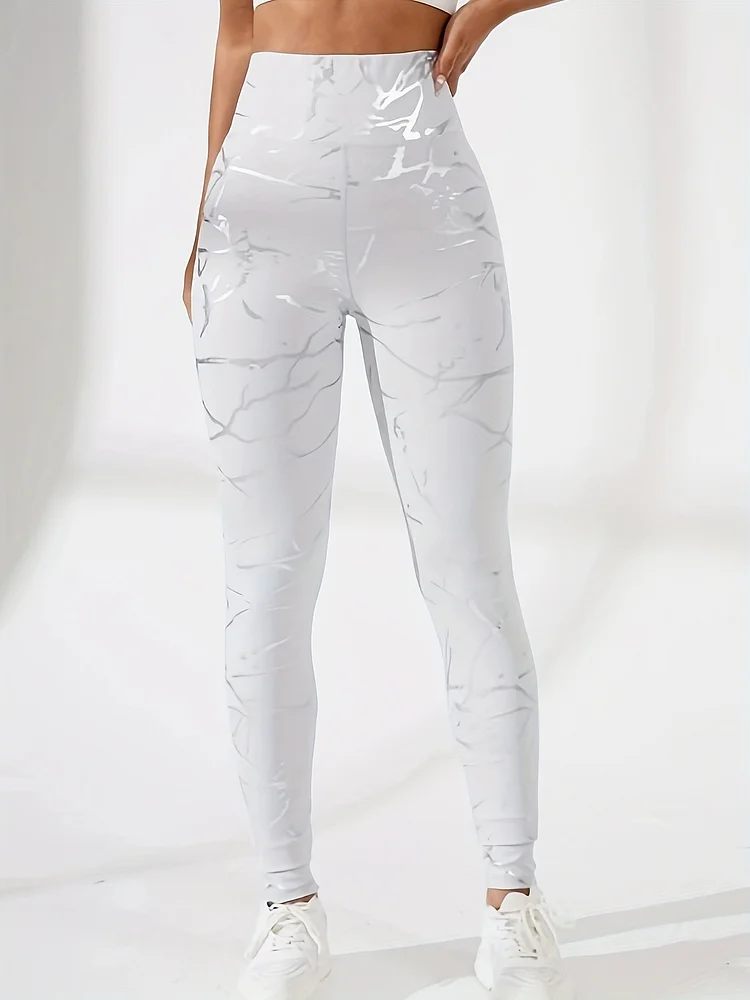 Women's High-Waisted, White Marble Print Leggings - Stylish, Skinny Fit, Crop Length, Perfect For & Casual Wear, All-Season Comfort, Wear | Stylish Leggings | Stretchy Fabric