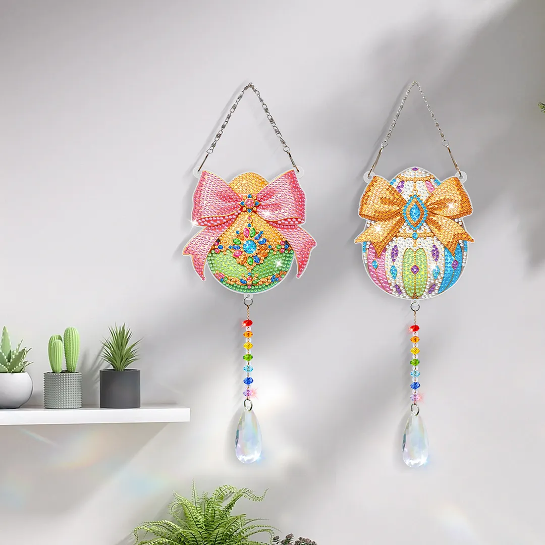 2Pcs Bow-shaped Easter Egg DIY Double-Sided Diamond Painting Hanging Kits Diamond Painting Suncatcher Craft Kit for Home Garden Wall Decor Gift