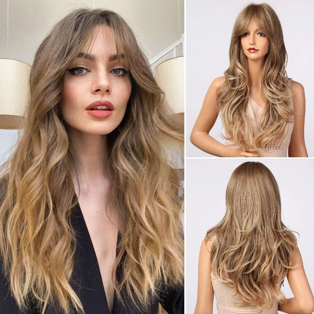 Beauty Wig Golden Long Curly Hair Eight Character Bangs Big Wave Gradient High Temperature Silk Wig | EGEMISS