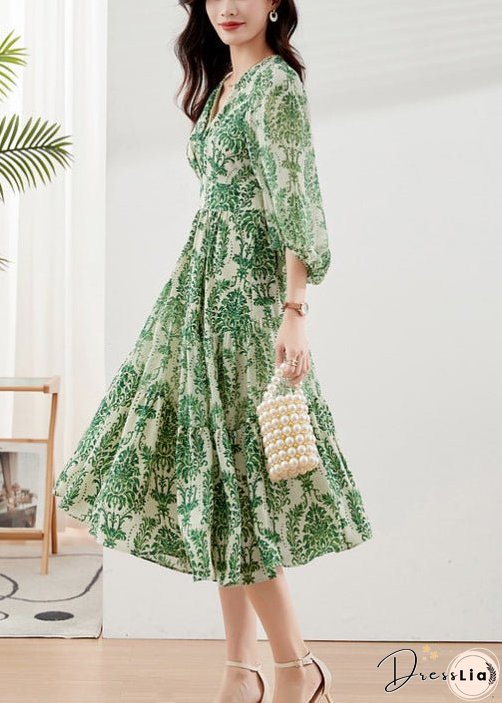 Handmade Green V Neck Print Chiffon Vacation Dresses Bracelet Sleeve