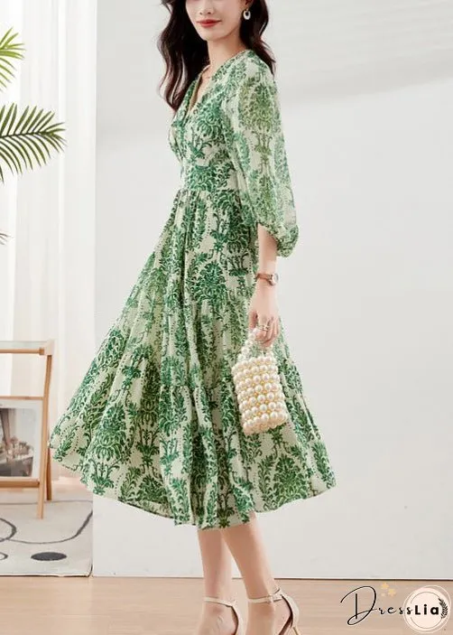 Handmade Green V Neck Print Chiffon Vacation Dresses Bracelet Sleeve